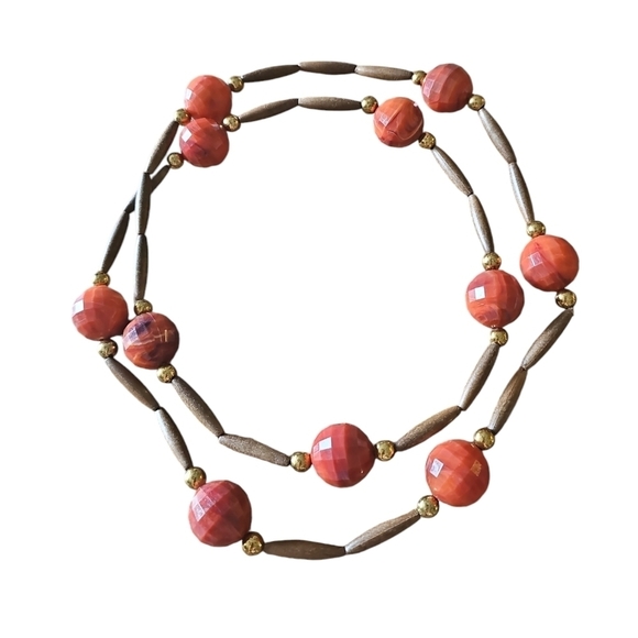 Orange Rust Lucite, Brown Wooden Beaded Necklace, Gold tone, Vintage, 40” - Picture 2 of 4